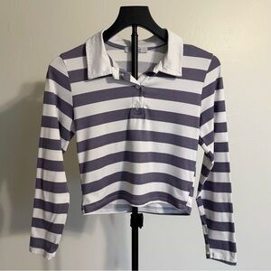 Gaze Purple White Striped Long Sleeve Polo Shirt Cropped XS